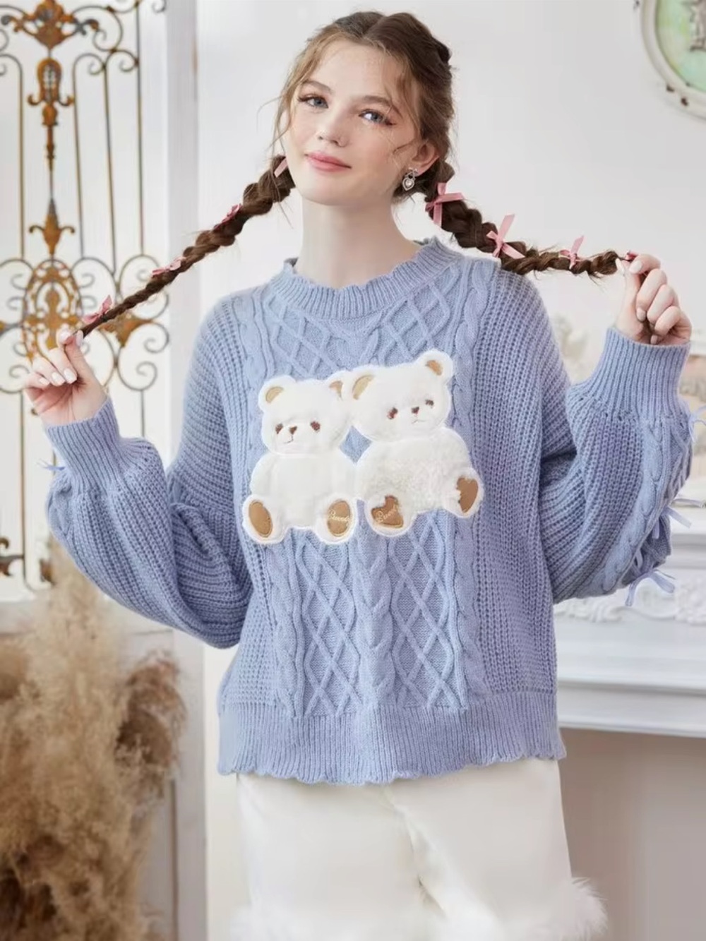 Cute Blue Teddy Bear Cable Knit Sweater